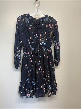 Floral Tie Smocked Waist Long Sleeve Midi Dress in Navy